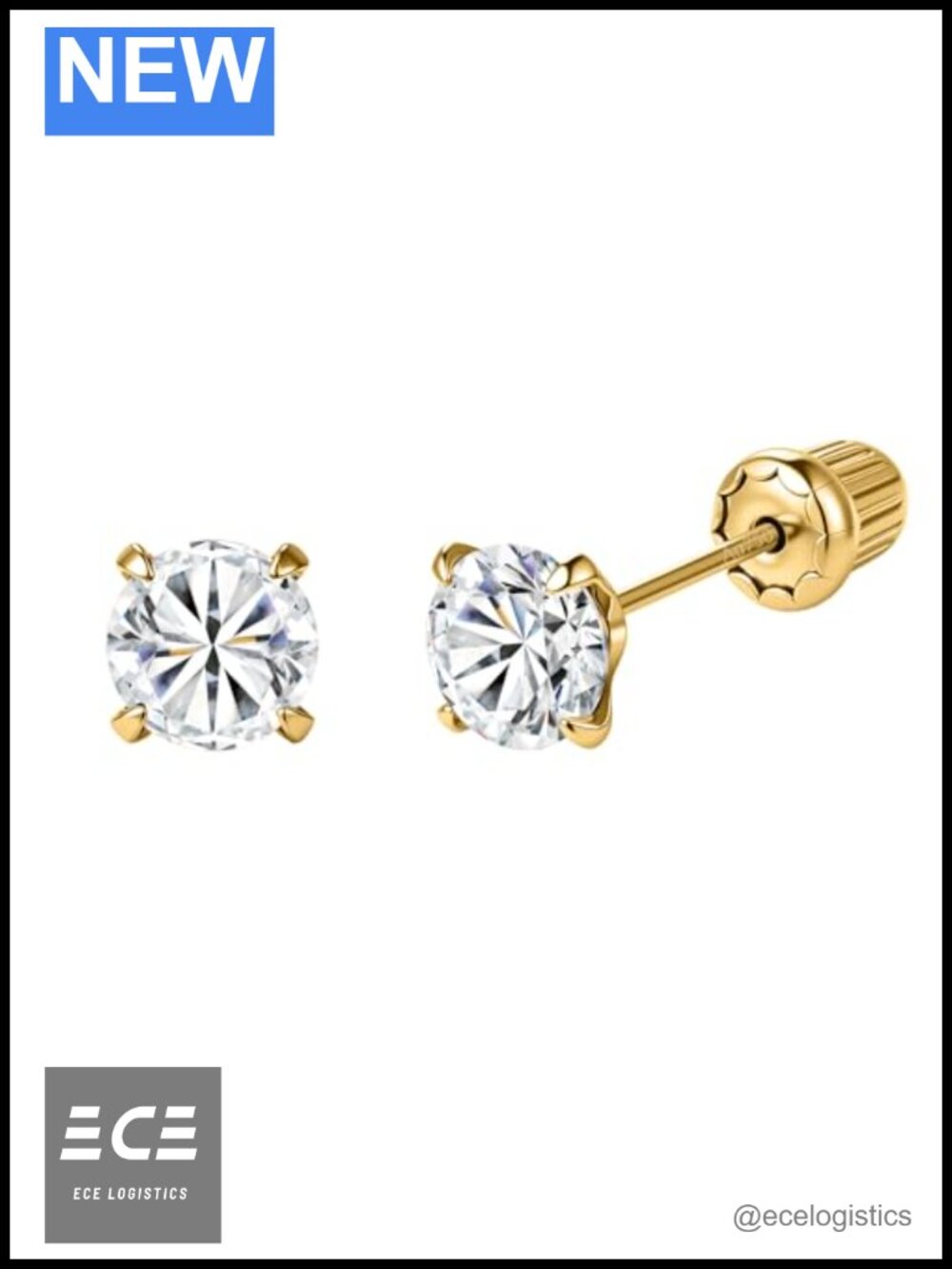 14K Solid Gold Stud Earrings Cubic Zirconia Screw Back Women